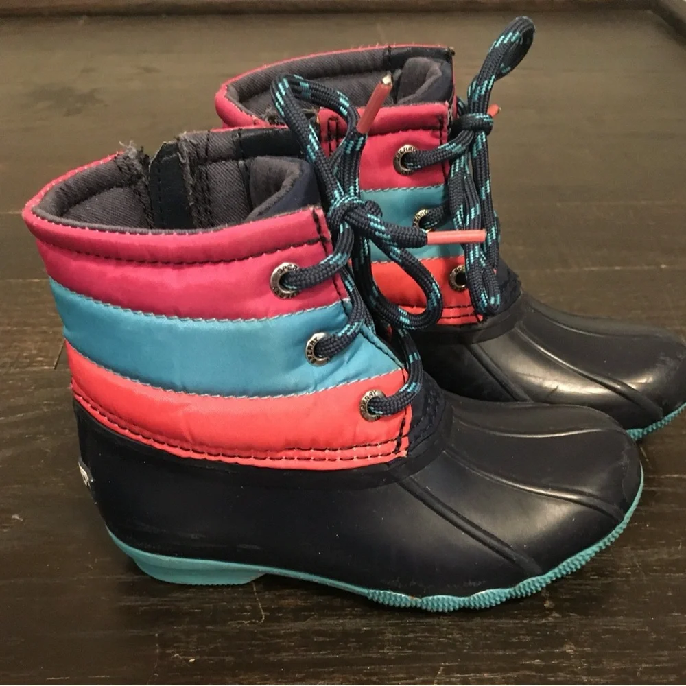 Sperry toddler girl Navy, Teal & Coral Cold Weather Duck Boots. Size- 9M